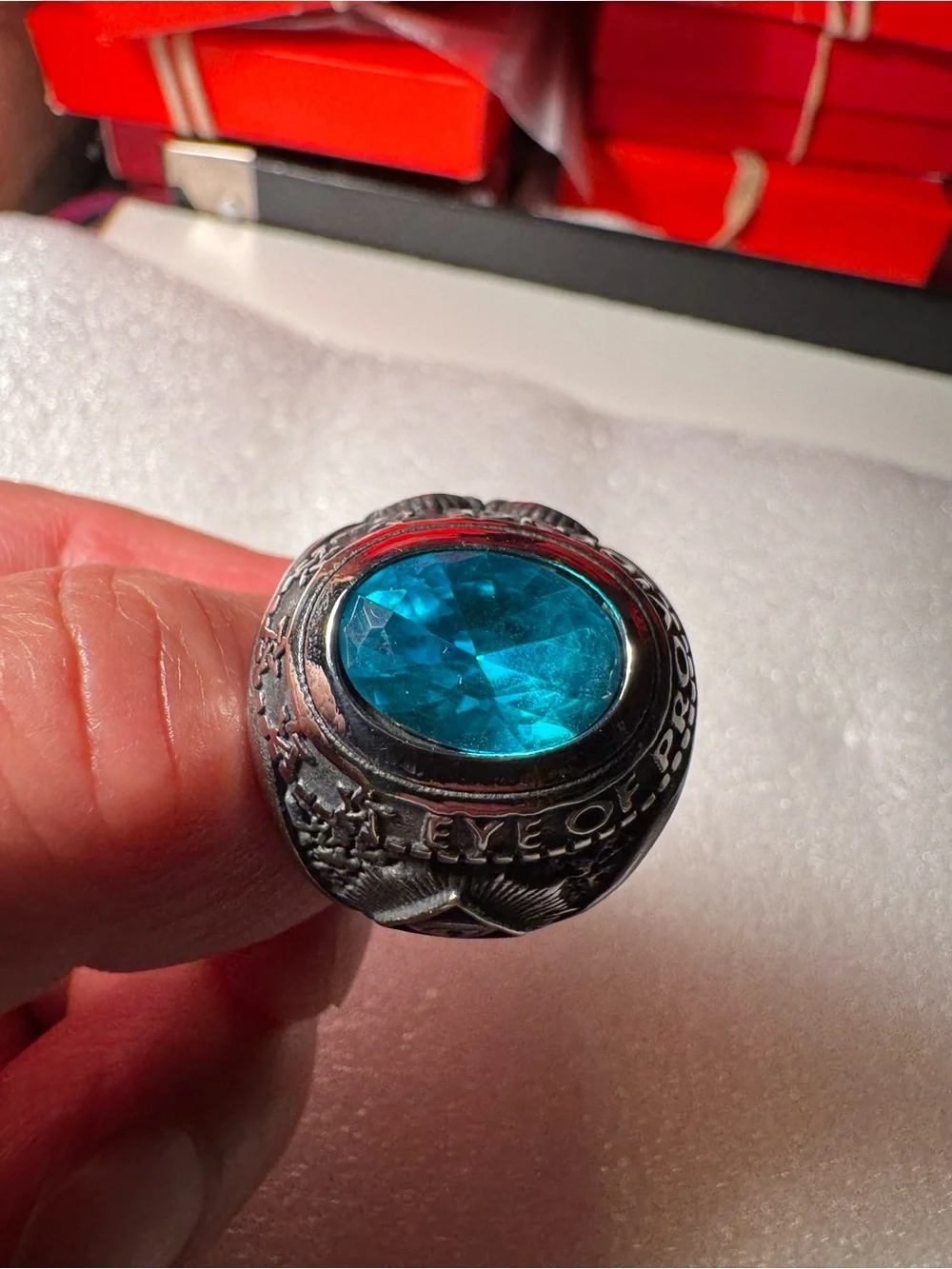 Men's Silver-Tone Ring with Bright Blue Gem and Ram Accent